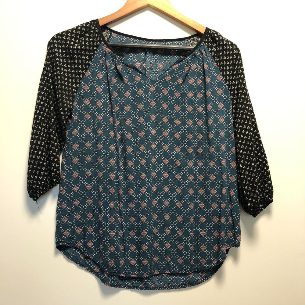 Boho Print 3/4 Sleeve Blouse Black & Blue medium